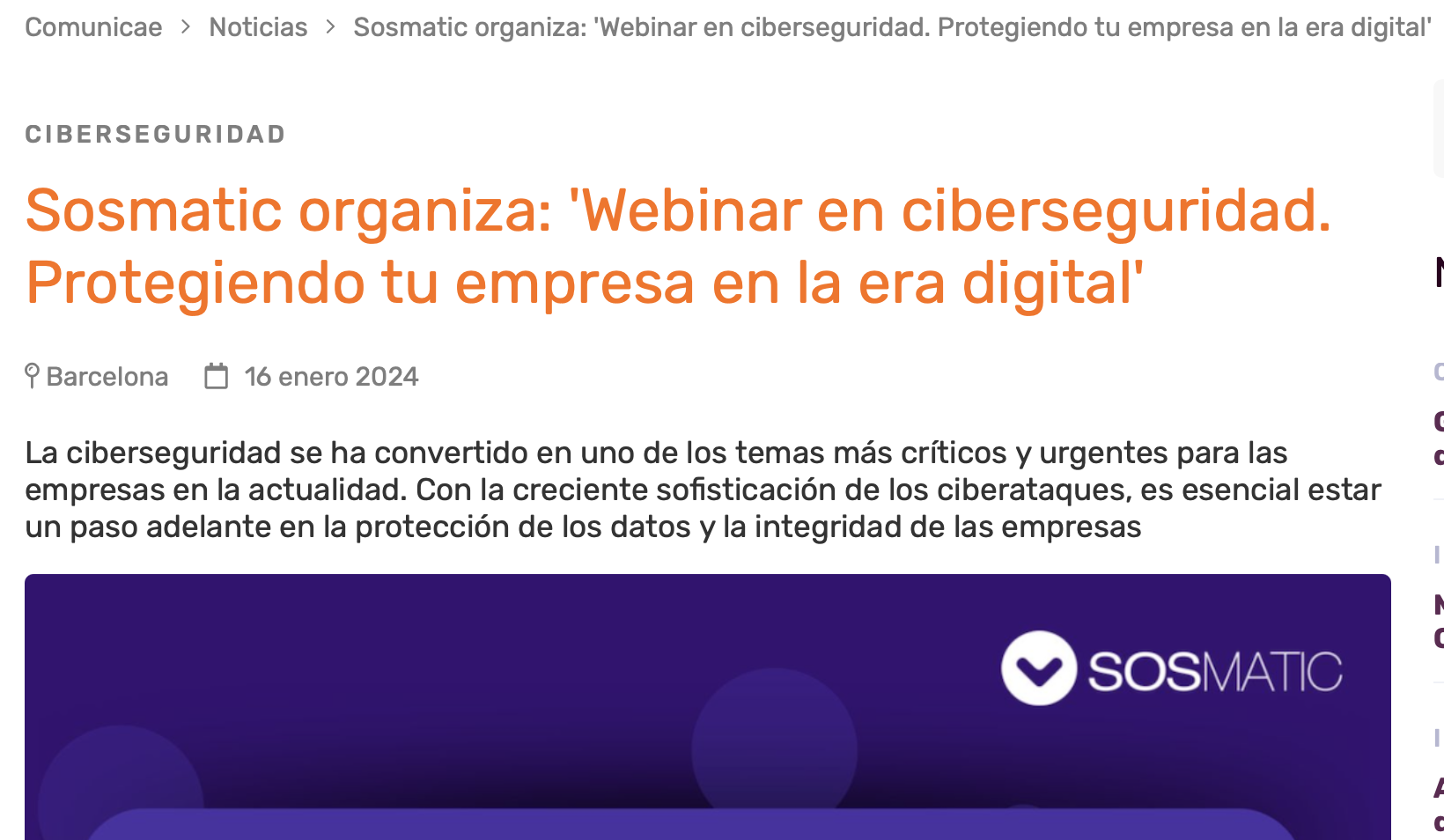 Sosmatic organiza: ‘Webinar en ciberseguridad. Protegiendo tu empresa en la era digital.