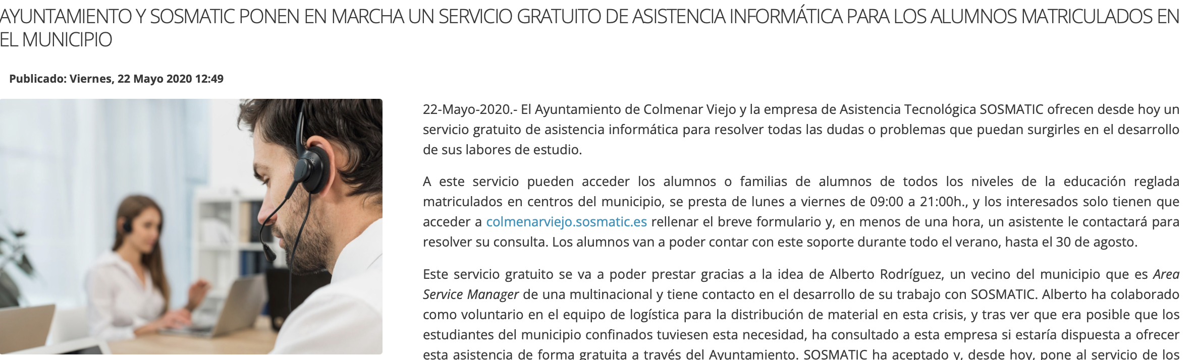 Ayuntamiento y Sosmatic ponen en marcha un servicio gratuito de asistencia informatica para los alumnos matriculados en el municipio