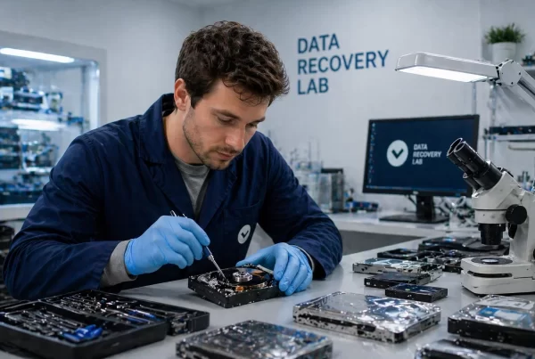 Ingeniero realizando un diagnóstico de un disco duro dañado en un laboratorio de recuperación de datos.