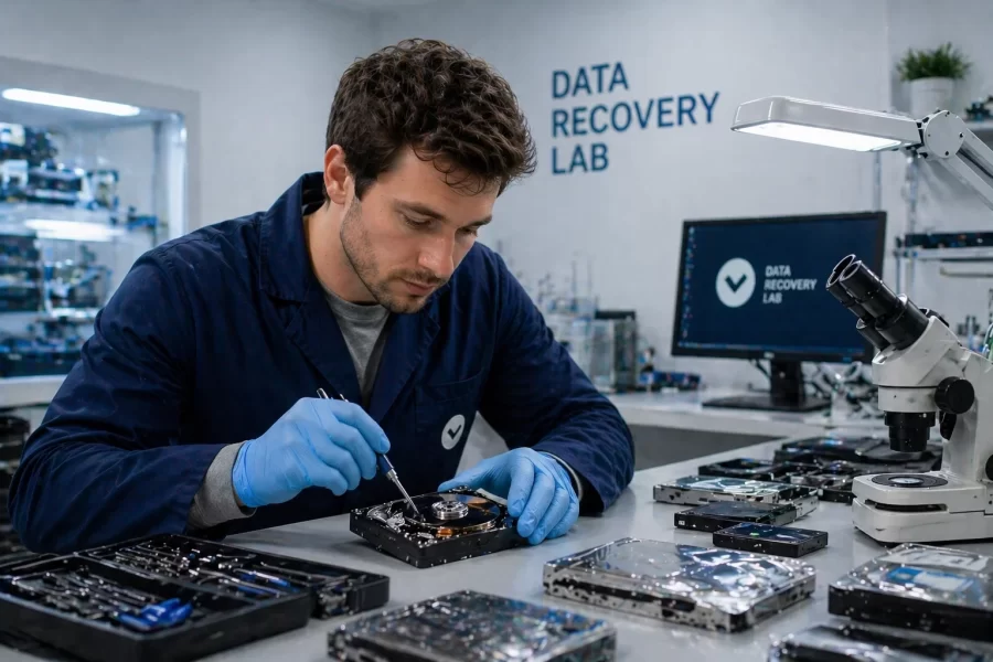 Ingeniero realizando un diagnóstico de un disco duro dañado en un laboratorio de recuperación de datos.