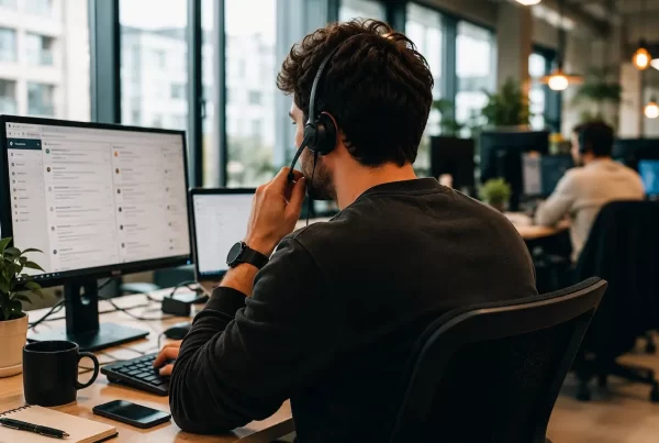 Especialista de Service Desk gestionando contactos de soporte técnico para empresas desde un centro de atención al cliente.